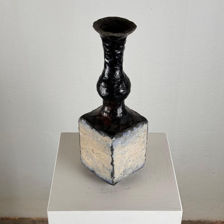 Brutalist Single-Stem Raku Ceramic Vase, 1970s, Italy