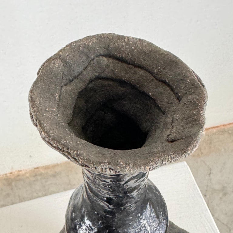 Brutalist Single-Stem Raku Ceramic Vase, 1970s, Italy