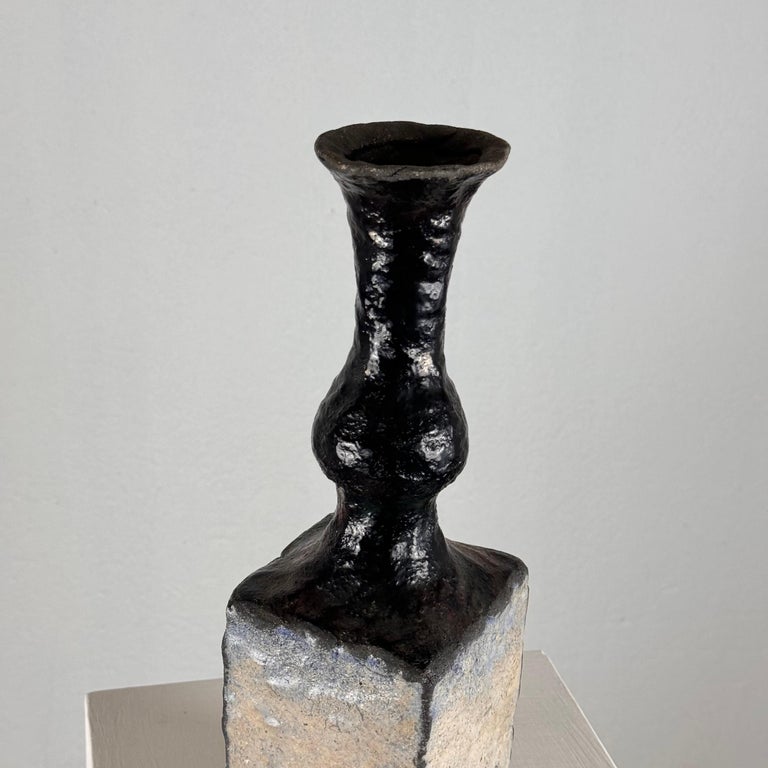 Brutalist Single-Stem Raku Ceramic Vase, 1970s, Italy