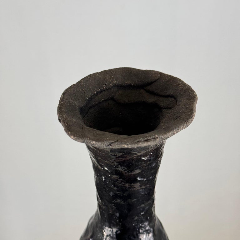 Brutalist Single-Stem Raku Ceramic Vase, 1970s, Italy