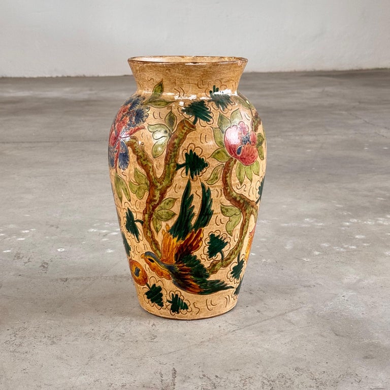 Ceramic Vase with Floral and Bird Motifs by C. Monarchi, Gubbio, Italy, 1930s