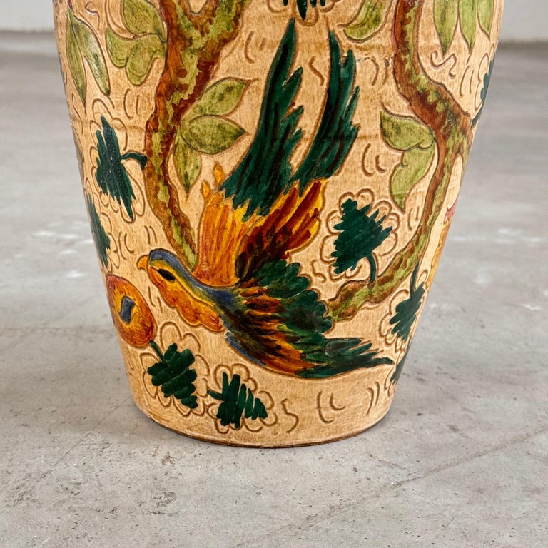Ceramic Vase with Floral and Bird Motifs by C. Monarchi, Gubbio, Italy, 1930s