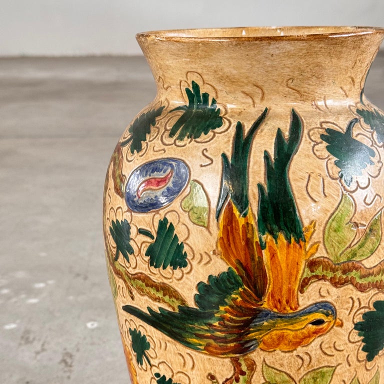 Ceramic Vase with Floral and Bird Motifs by C. Monarchi, Gubbio, Italy, 1930s