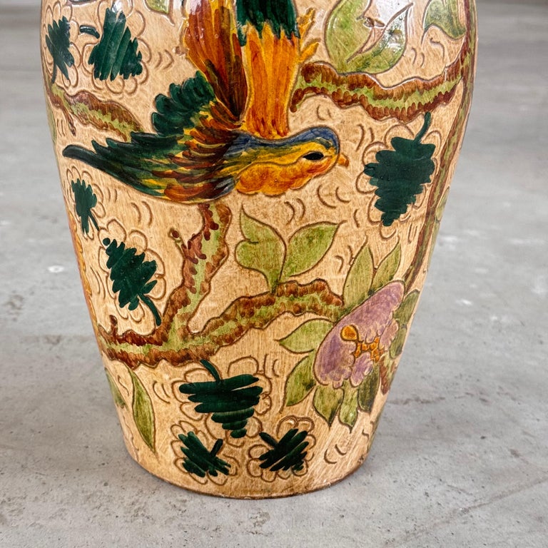 Ceramic Vase with Floral and Bird Motifs by C. Monarchi, Gubbio, Italy, 1930s