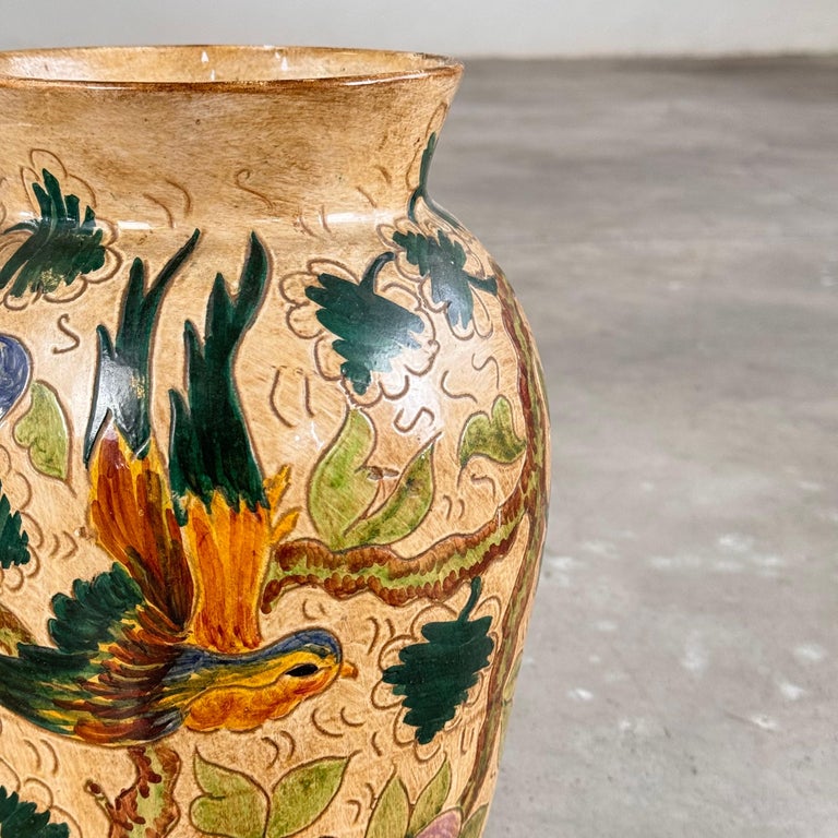 Ceramic Vase with Floral and Bird Motifs by C. Monarchi, Gubbio, Italy, 1930s