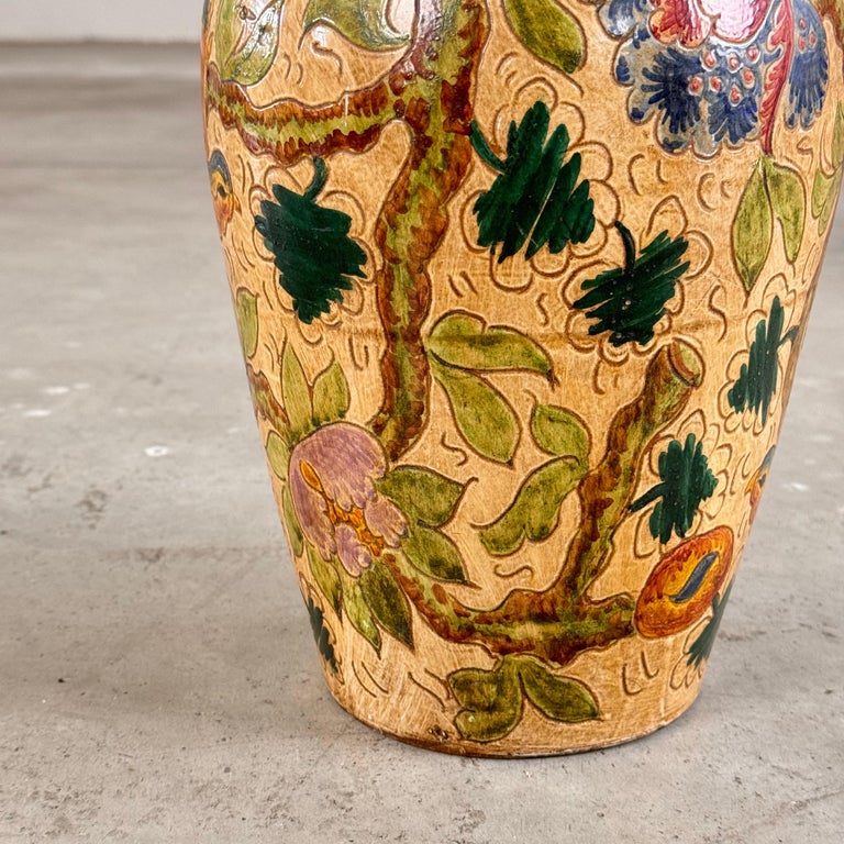 Ceramic Vase with Floral and Bird Motifs by C. Monarchi, Gubbio, Italy, 1930s