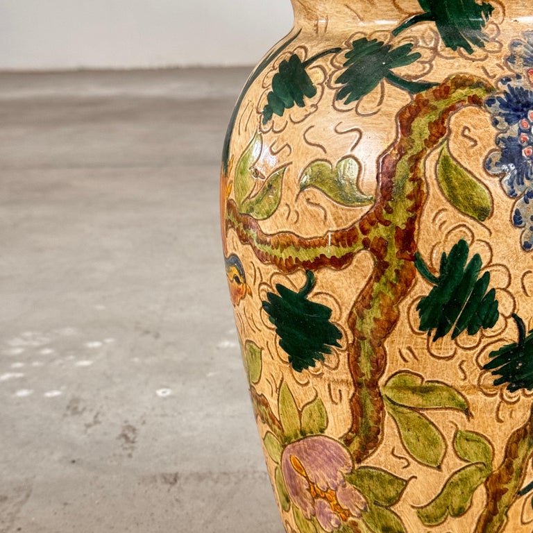 Ceramic Vase with Floral and Bird Motifs by C. Monarchi, Gubbio, Italy, 1930s