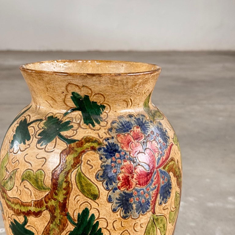 Ceramic Vase with Floral and Bird Motifs by C. Monarchi, Gubbio, Italy, 1930s