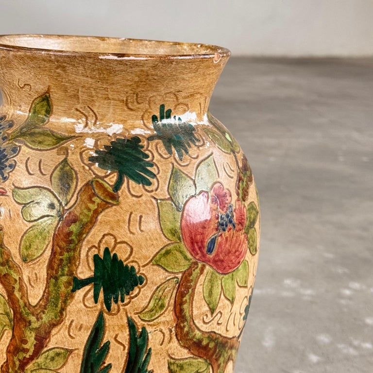 Ceramic Vase with Floral and Bird Motifs by C. Monarchi, Gubbio, Italy, 1930s