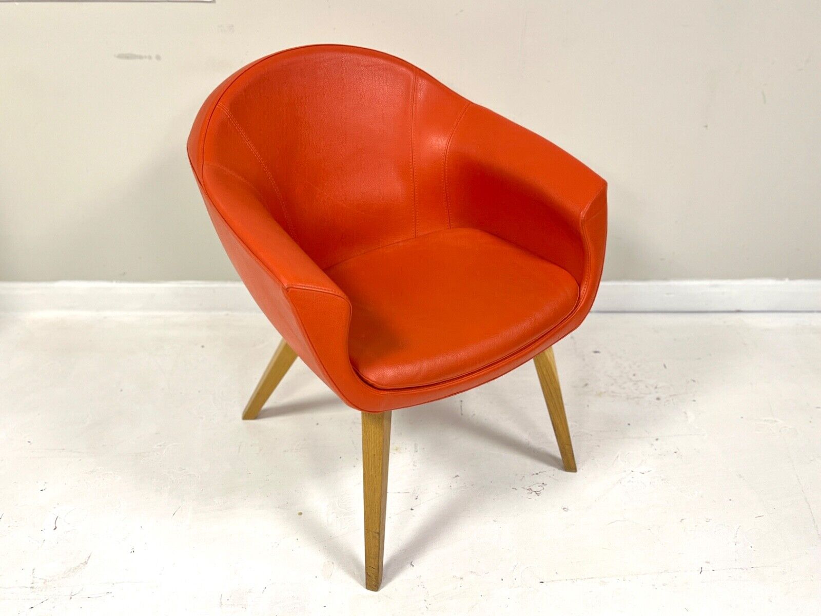 Contemporary Orange Leather and Oak Armchair