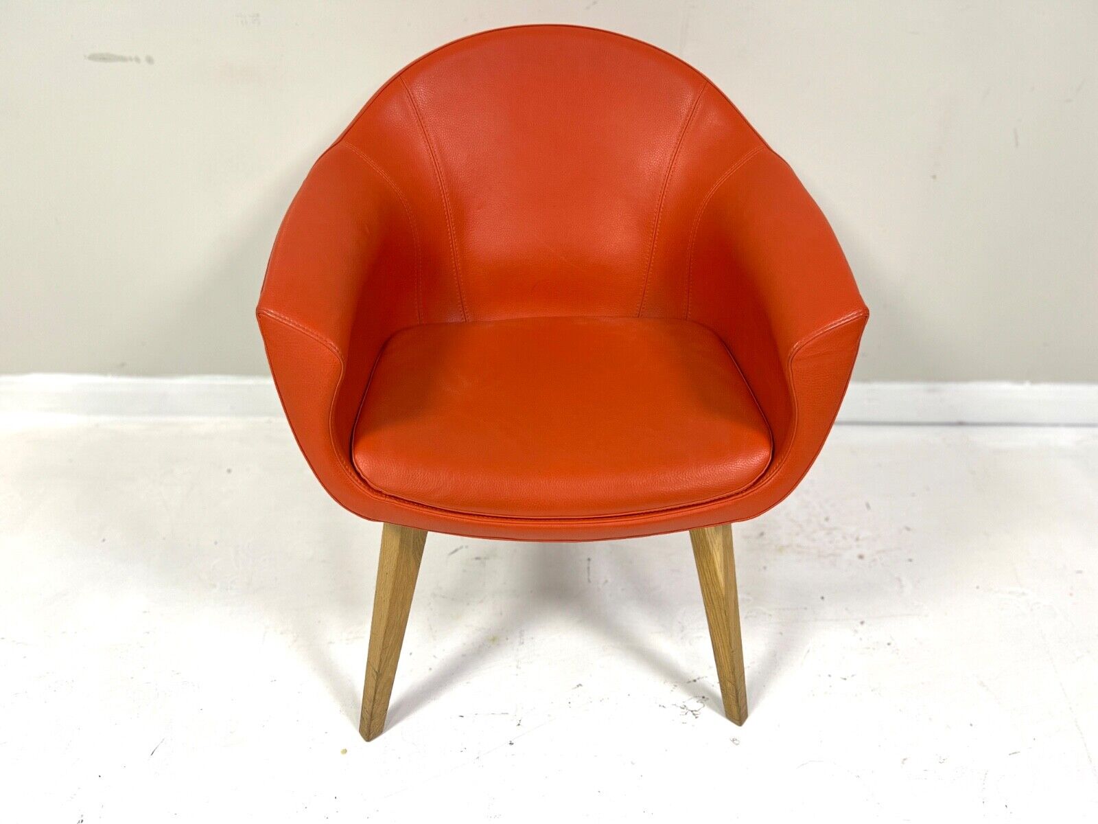 Contemporary Orange Leather and Oak Armchair