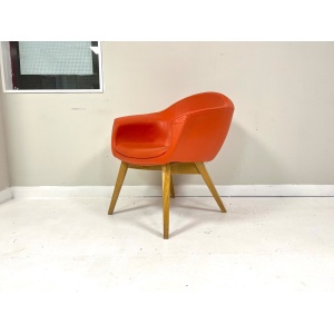 Contemporary Orange Leather and Oak Armchair