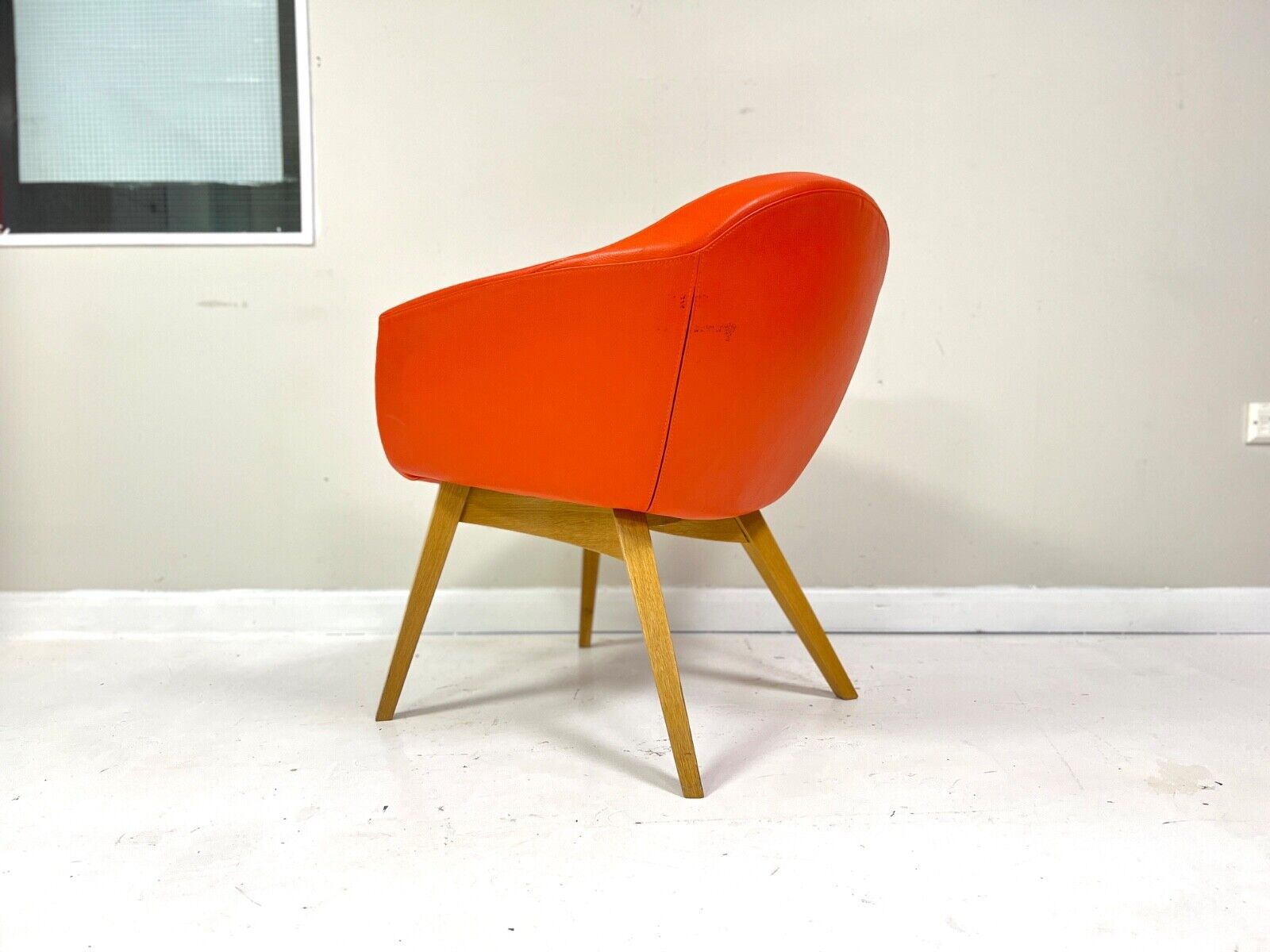 Contemporary Orange Leather and Oak Armchair