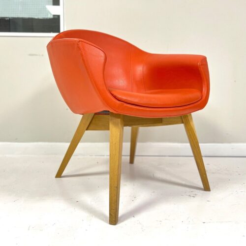 Contemporary Orange Leather and Oak Armchair
