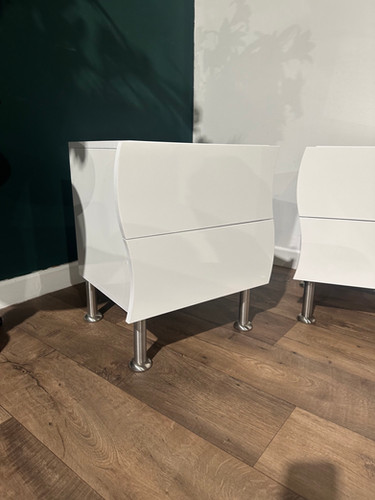 Contemporary Pair Of White Irregular Shaped Bed Side Cabinets