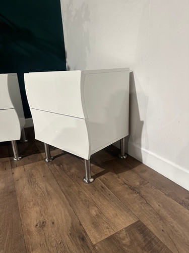 Contemporary Pair Of White Irregular Shaped Bed Side Cabinets