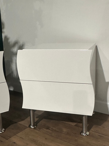 Contemporary Pair Of White Irregular Shaped Bed Side Cabinets