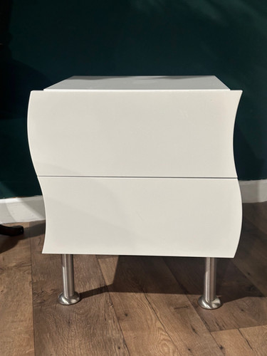 Contemporary Pair Of White Irregular Shaped Bed Side Cabinets
