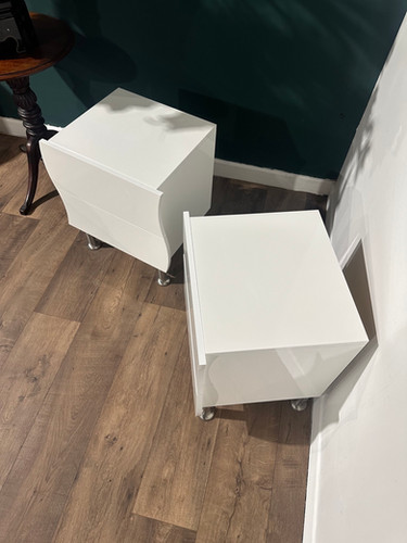 Contemporary Pair Of White Irregular Shaped Bed Side Cabinets