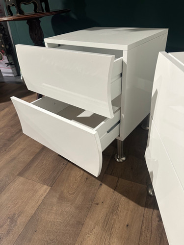 Contemporary Pair Of White Irregular Shaped Bed Side Cabinets