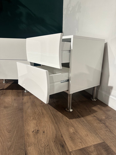 Contemporary Pair Of White Irregular Shaped Bed Side Cabinets