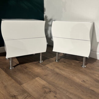 Contemporary Pair Of White Irregular Shaped Bed Side Cabinets