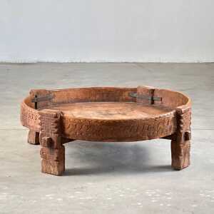 Early 1900s Indian Carved Wooden Chakki Grinder Coffee Table with Iron Detailing