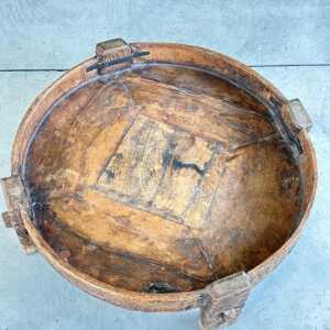 Early 1900s Indian Carved Wooden Chakki Grinder Coffee Table with Iron Detailing