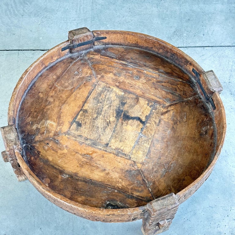 Early 1900s Indian Carved Wooden Chakki Grinder Coffee Table with Iron Detailing