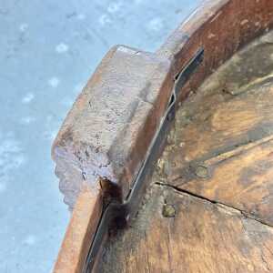 Early 1900s Indian Carved Wooden Chakki Grinder Coffee Table with Iron Detailing