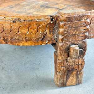 Early 1900s Indian Carved Wooden Chakki Grinder Coffee Table with Iron Detailing