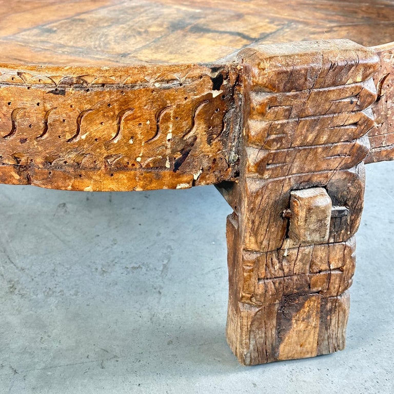 Early 1900s Indian Carved Wooden Chakki Grinder Coffee Table with Iron Detailing