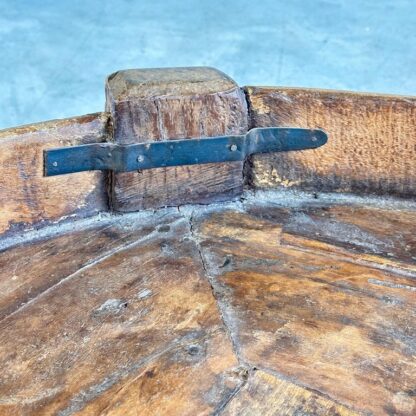 Early 1900s Indian Carved Wooden Chakki Grinder Coffee Table with Iron Detailing