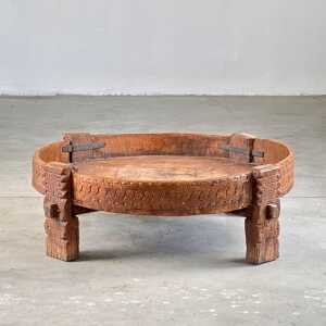 Early 1900s Indian Carved Wooden Chakki Grinder Coffee Table with Iron Detailing