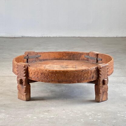 Early 1900s Indian Carved Wooden Chakki Grinder Coffee Table with Iron Detailing