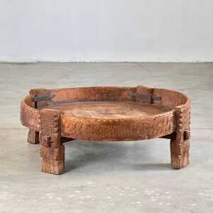 Early 1900s Indian Carved Wooden Chakki Grinder Coffee Table with Iron Detailing