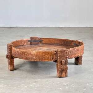 Early 1900s Indian Carved Wooden Chakki Grinder Coffee Table with Iron Detailing