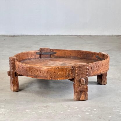Early 1900s Indian Carved Wooden Chakki Grinder Coffee Table with Iron Detailing