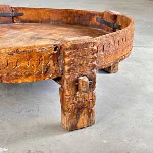 Early 1900s Indian Carved Wooden Chakki Grinder Coffee Table with Iron Detailing