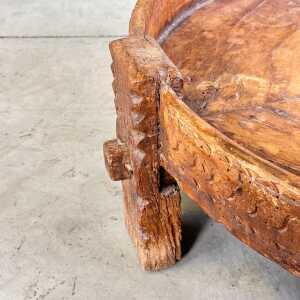Early 1900s Indian Carved Wooden Chakki Grinder Coffee Table with Iron Detailing