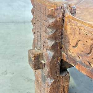 Early 1900s Indian Carved Wooden Chakki Grinder Coffee Table with Iron Detailing