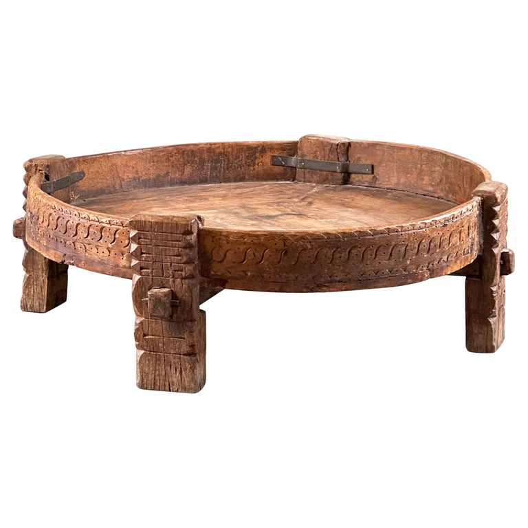 Early 1900s Indian Carved Wooden Chakki Grinder Coffee Table with Iron Detailing