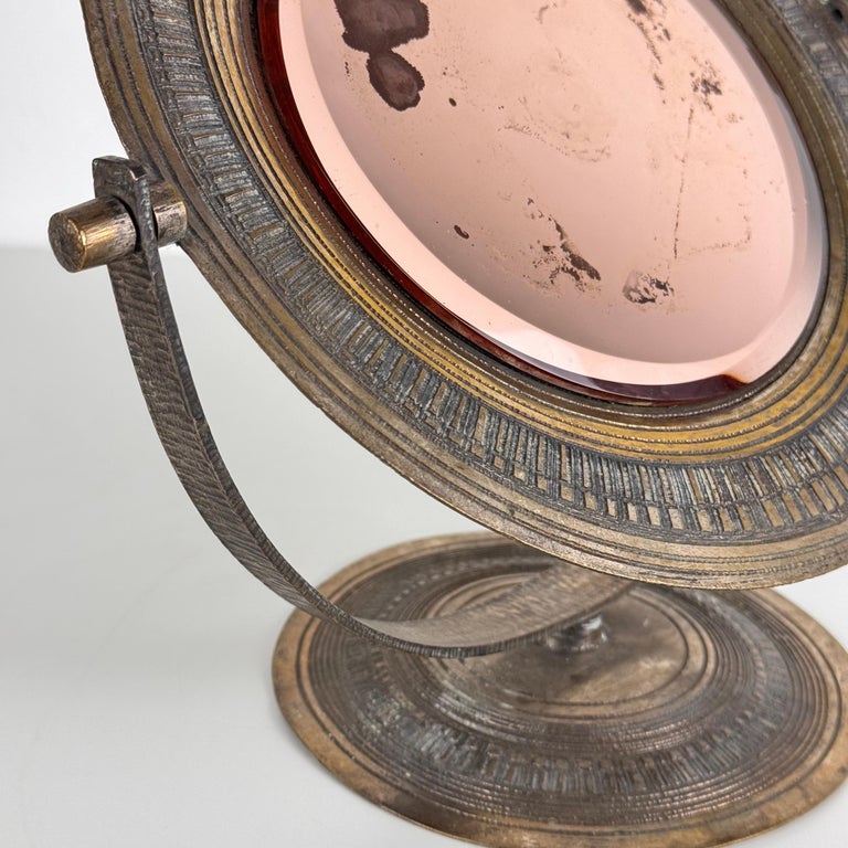 Elegant Pink Table Mirror by Celestino Gallinaro, Hammered Brass, 1950s, Signed