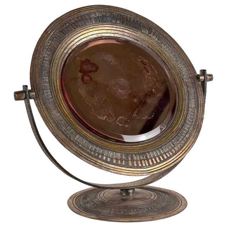 Elegant Pink Table Mirror by Celestino Gallinaro, Hammered Brass, 1950s, Signed