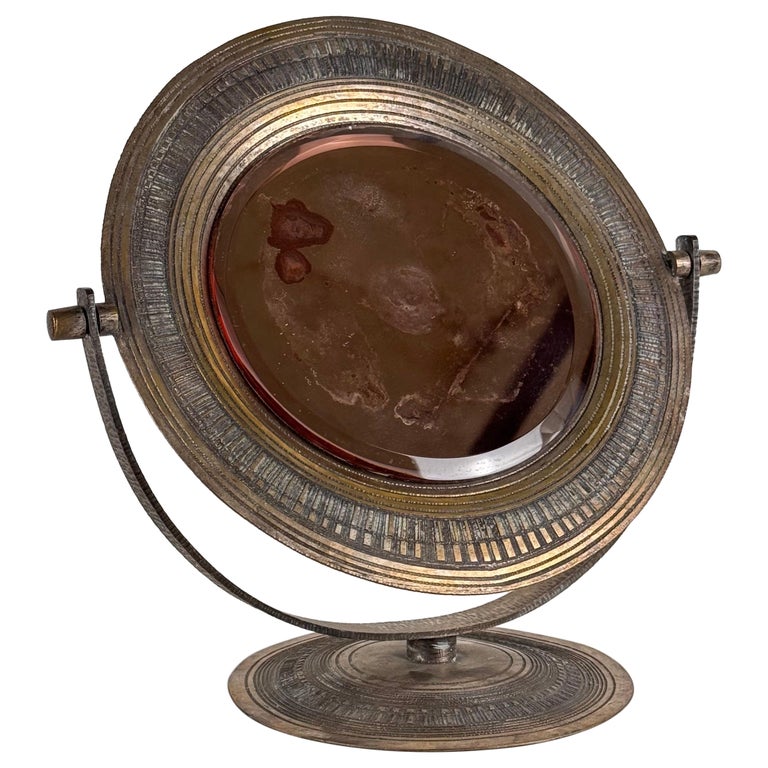 Elegant Pink Table Mirror by Celestino Gallinaro, Hammered Brass, 1950s, Signed