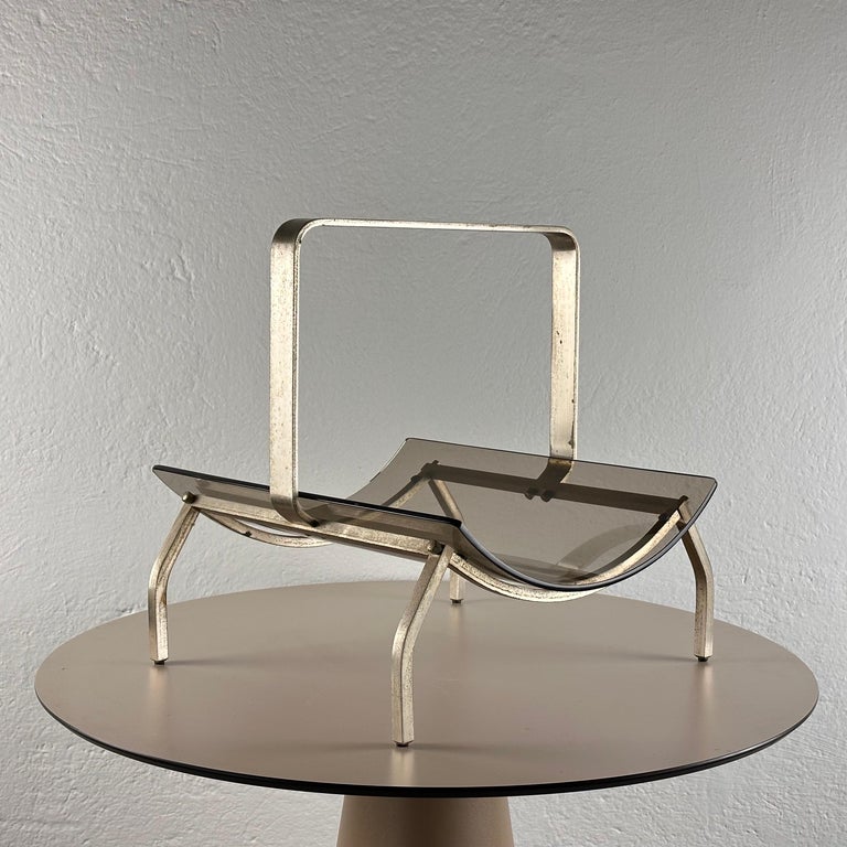 Fontana Arte Brass and Smoked Glass Magazine Rack Stand, 1960s, Italy