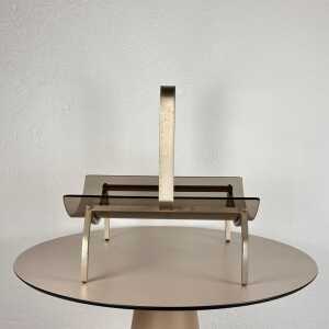 Fontana Arte Brass and Smoked Glass Magazine Rack Stand, 1960s, Italy