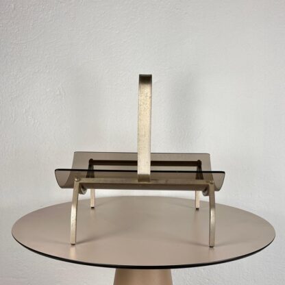 Fontana Arte Brass and Smoked Glass Magazine Rack Stand, 1960s, Italy