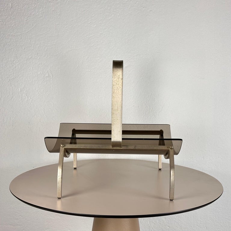 Fontana Arte Brass and Smoked Glass Magazine Rack Stand, 1960s, Italy