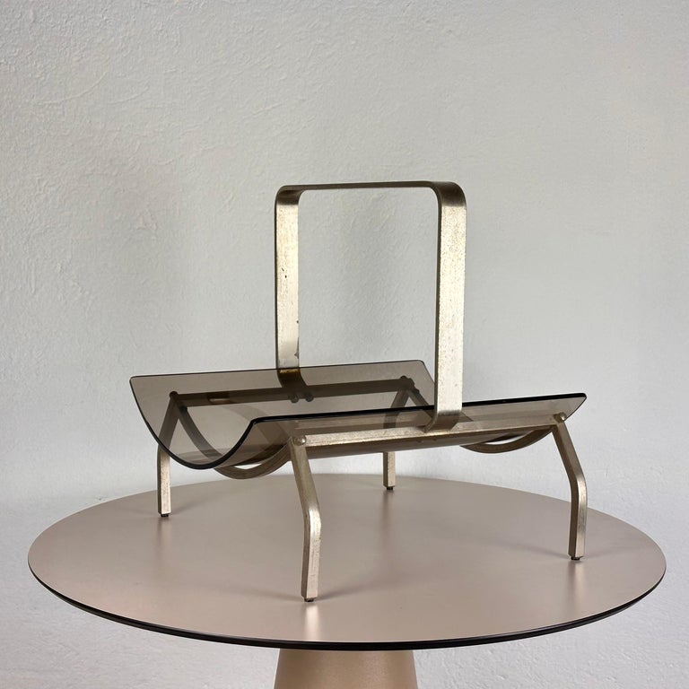 Fontana Arte Brass and Smoked Glass Magazine Rack Stand, 1960s, Italy